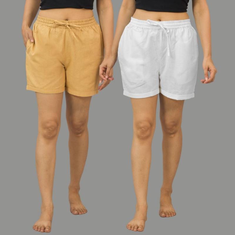 Combo of 2 White and Beige Cotton Women Shorts-10532