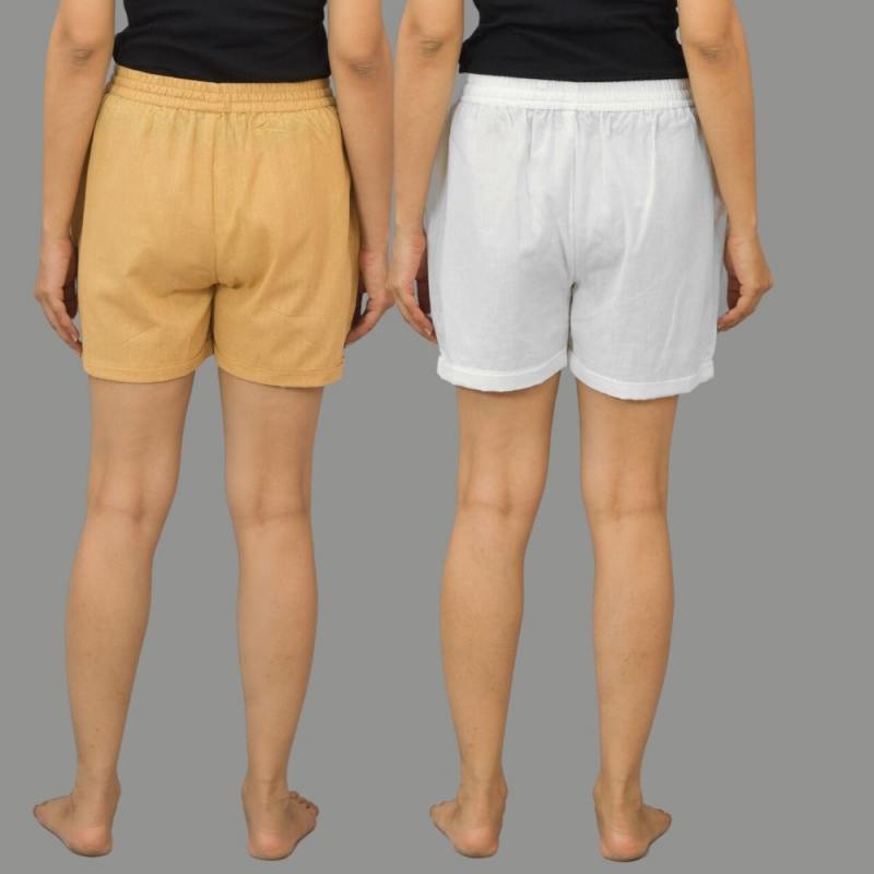 Combo of 2 White and Beige Cotton Women Shorts-10532
