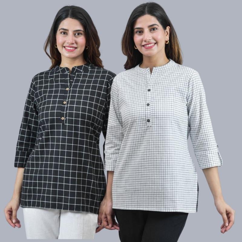 Combo of 2 White and Black Cotton Checks Women Top-10448