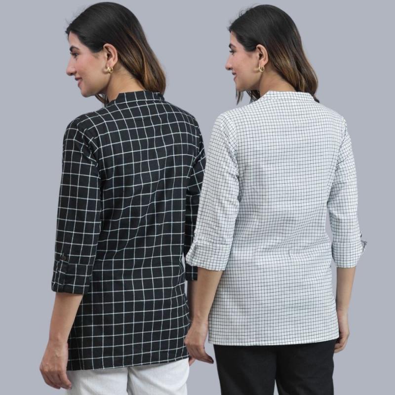 Combo of 2 White and Black Cotton Checks Women Top-10448