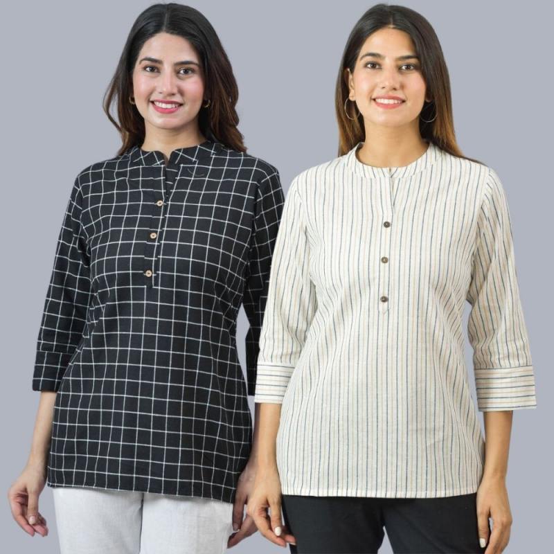 Combo of 2 White and Black Cotton Checks and Stripe Women Top-10455