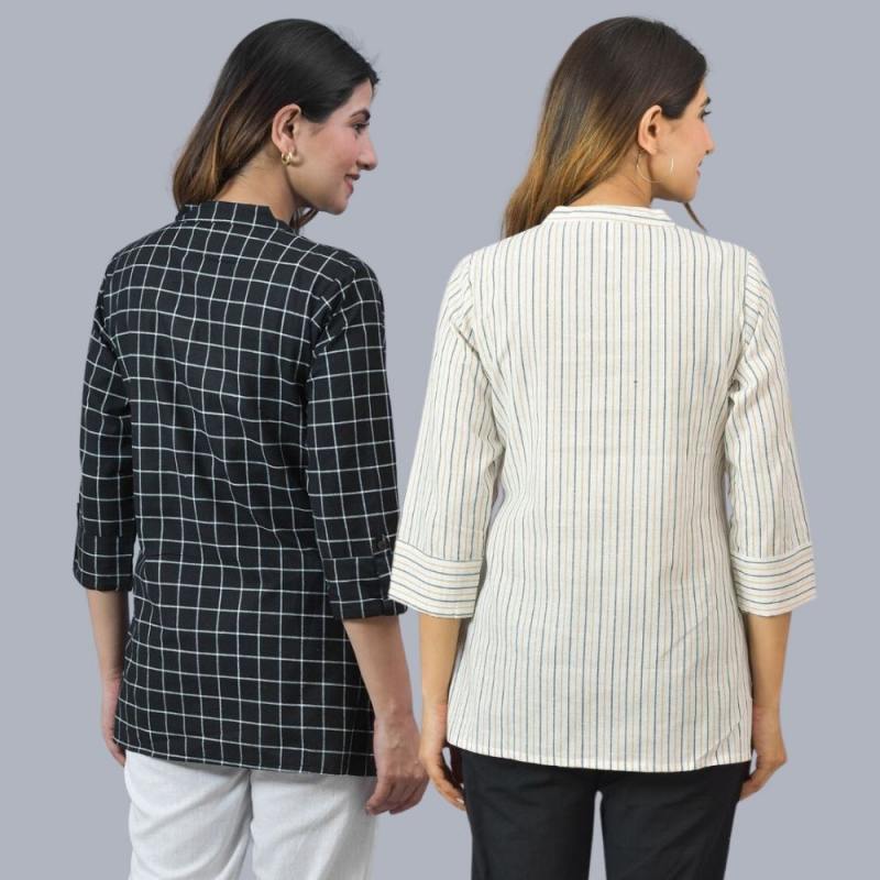 Combo of 2 White and Black Cotton Checks and Stripe Women Top-10455