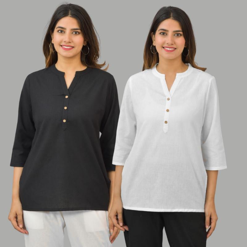 Combo of 2 White and Black Cotton Flax Women Top-10429
