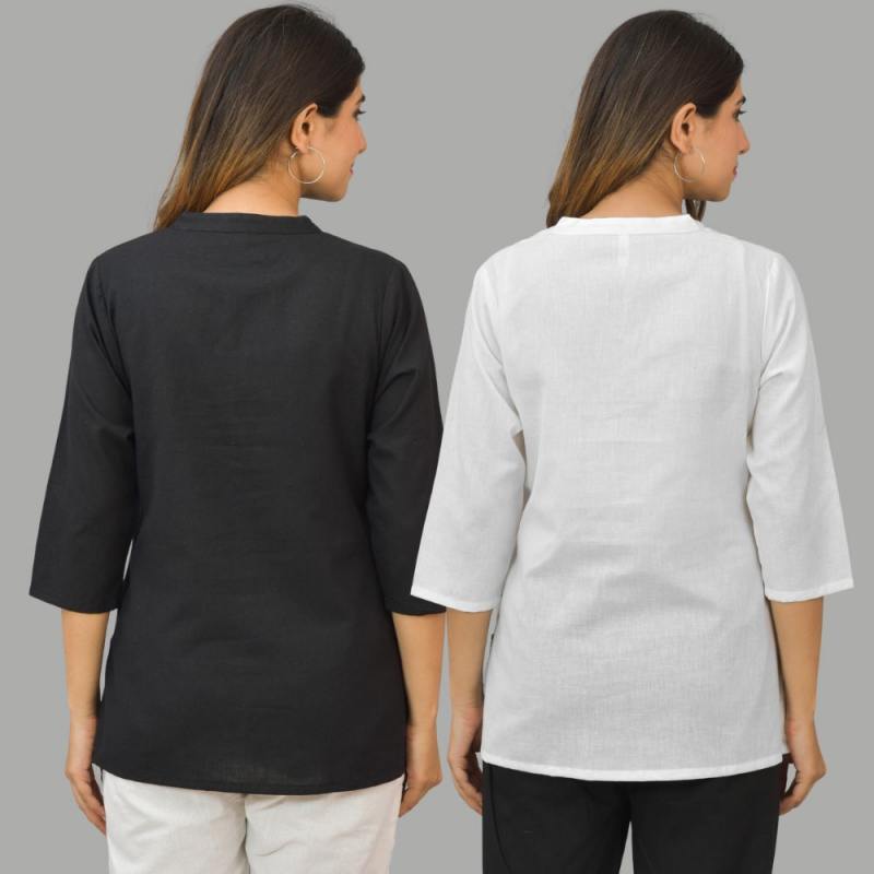 Combo of 2 White and Black Cotton Flax Women Top-10429