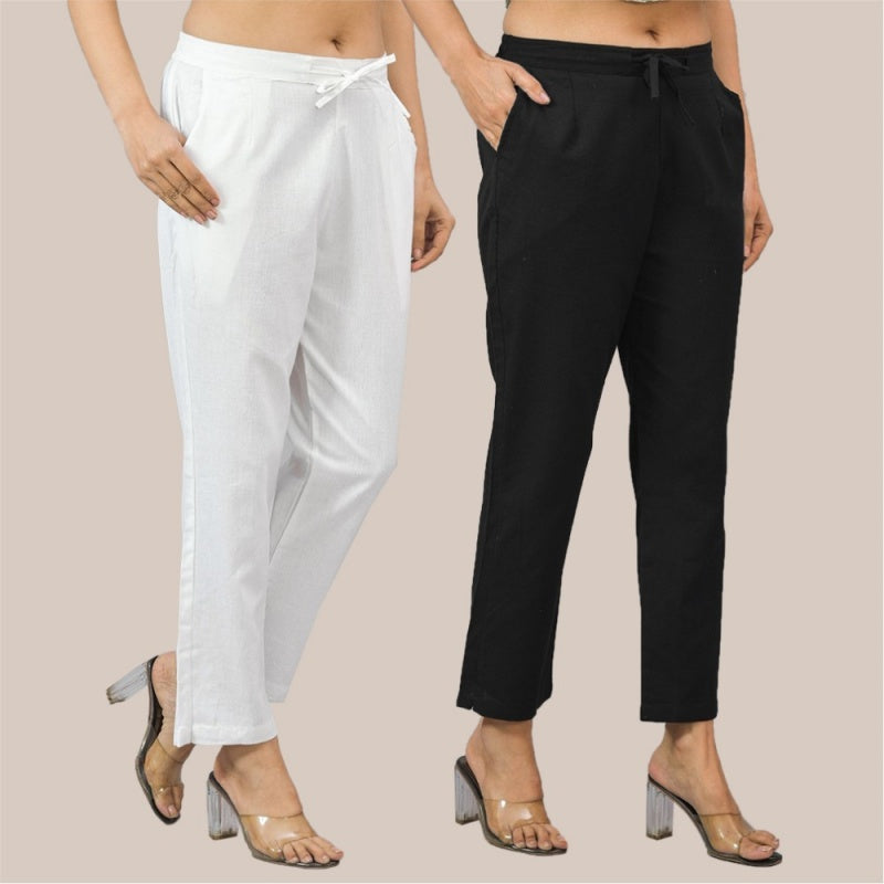 Combo of 2 White and Black Cotton Flax Women Trouser Pant-10336