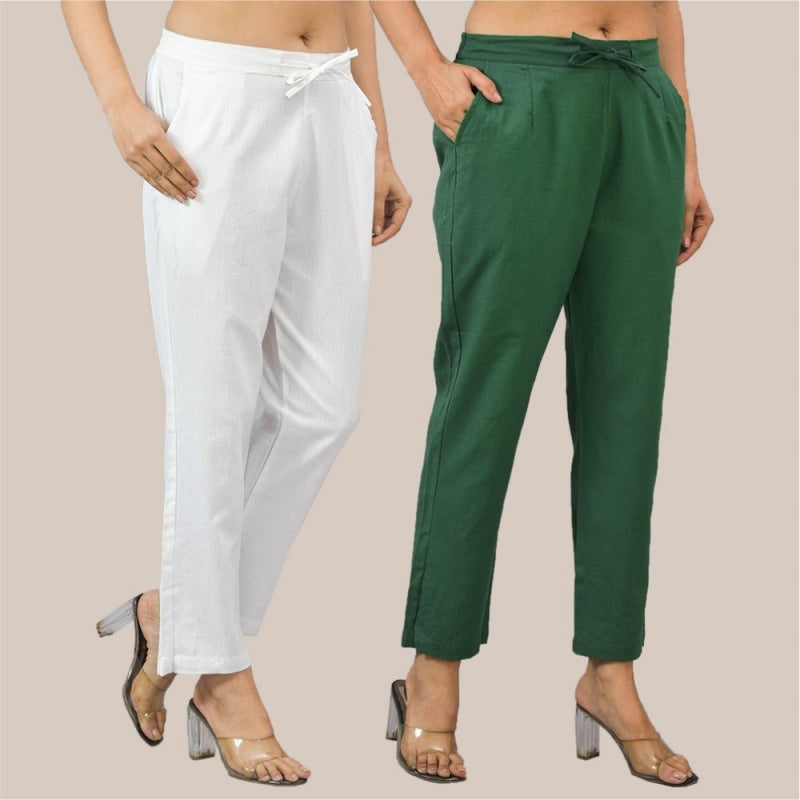 Combo of 2 White and Bottle Green Cotton Flax Women Trouser Pant-10347