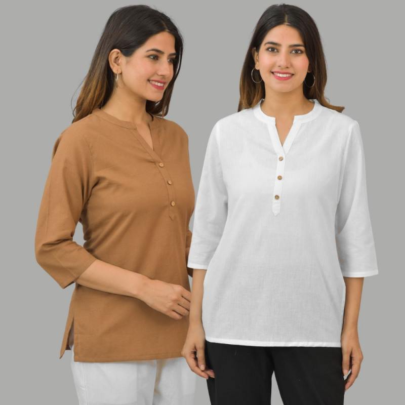Combo of 2 White and Brown Cotton Flax Women Top-10434