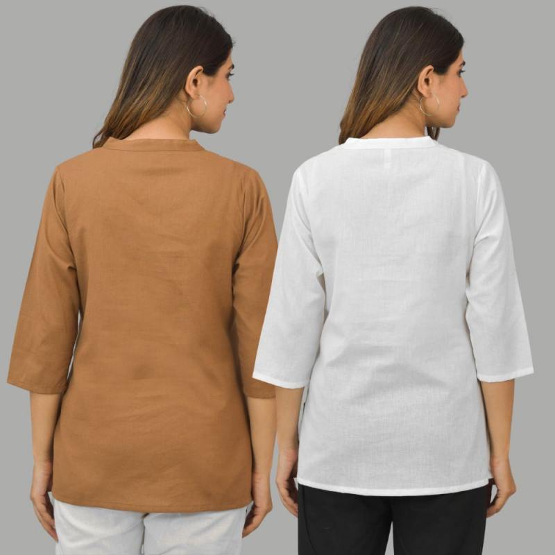 Combo of 2 White and Brown Cotton Flax Women Top-10434