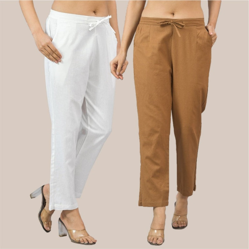 Combo of 2 White and Brown Cotton Flax Women Trouser Pant-10357