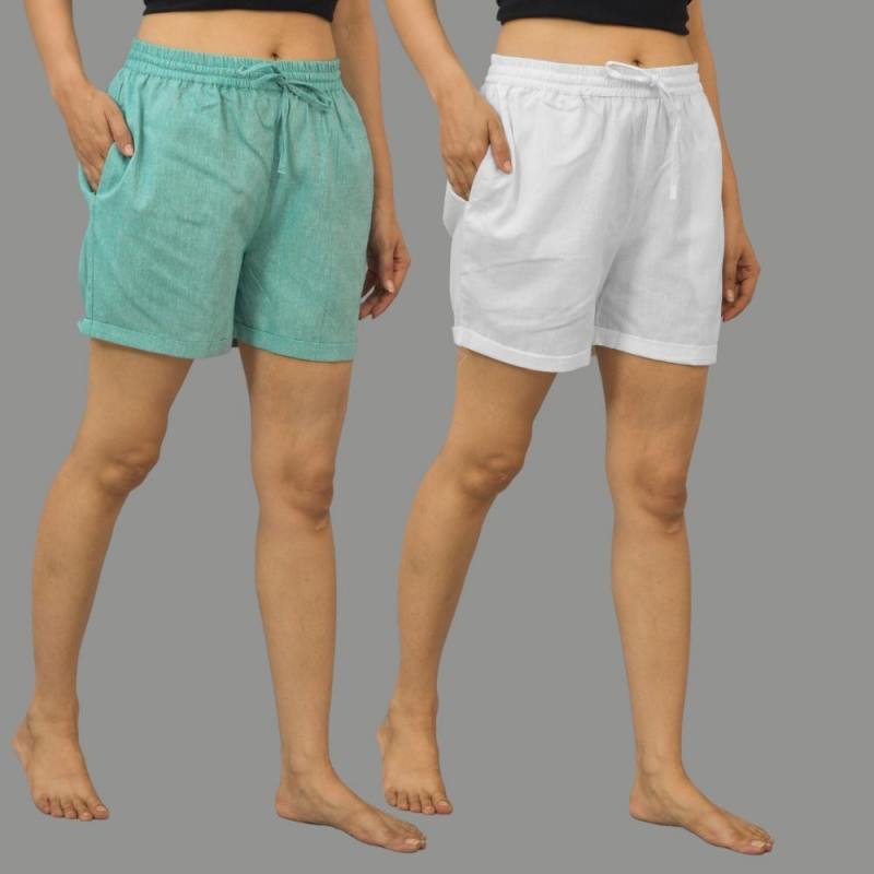 Combo of 2 Bottle Green and Beige Cotton Women Shorts-10533