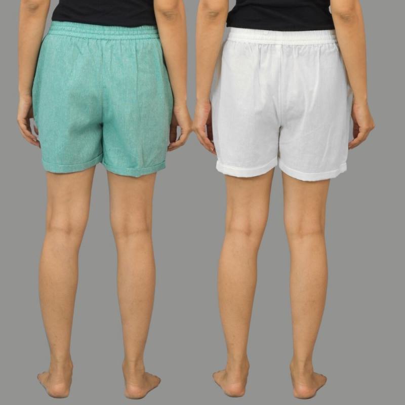 Combo of 2 Bottle Green and Beige Cotton Women Shorts-10533