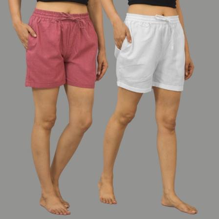 Combo of 2 White and Dark Pink Cotton Women Shorts-10543