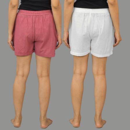 Combo of 2 White and Dark Pink Cotton Women Shorts-10543