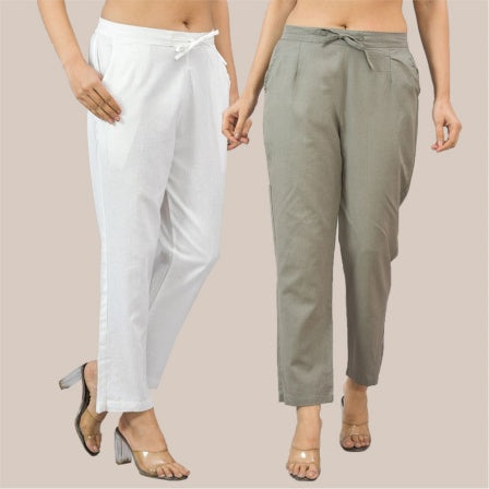 Combo of 2 White and Gray Cotton Flax Women Trouser Pant-10366