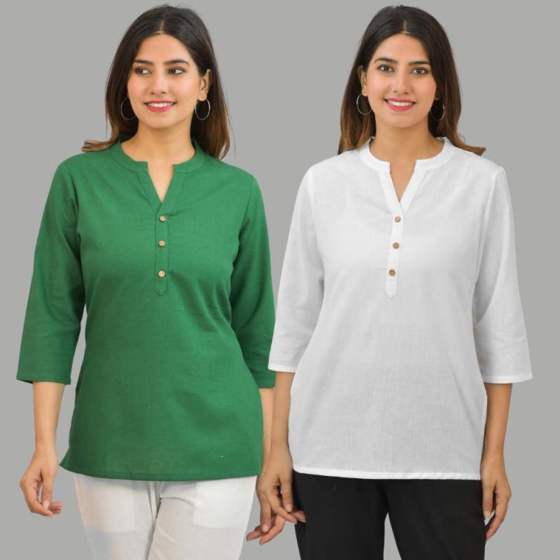 Combo of 2 White and Green Cotton Flax Women Top-10416