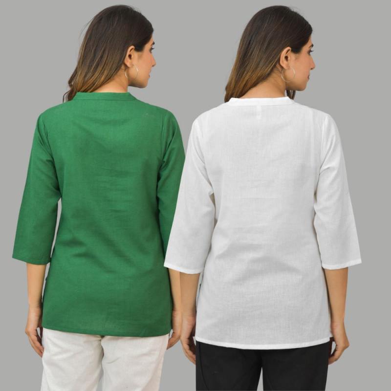 Combo of 2 White and Green Cotton Flax Women Top-10416