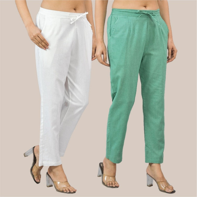 Combo of 2 White and Green Cotton Flax Women Trouser Pant-10374