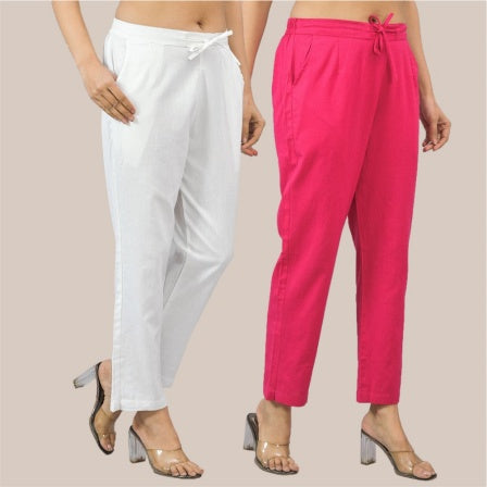 Combo of 2 White and Magenta Pink Cotton Flax Women Trouser Pant-10381