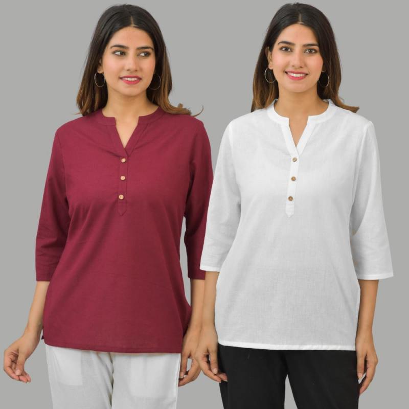 Combo of 2 White and Maroon Cotton Flax Women Top-10438
