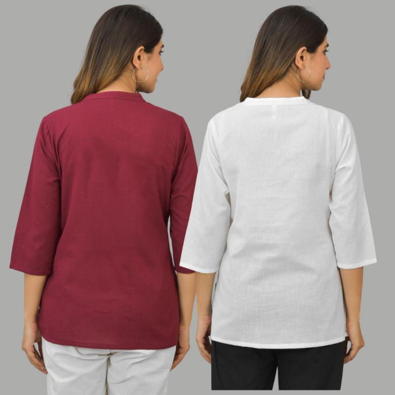 Combo of 2 White and Maroon Cotton Flax Women Top-10438