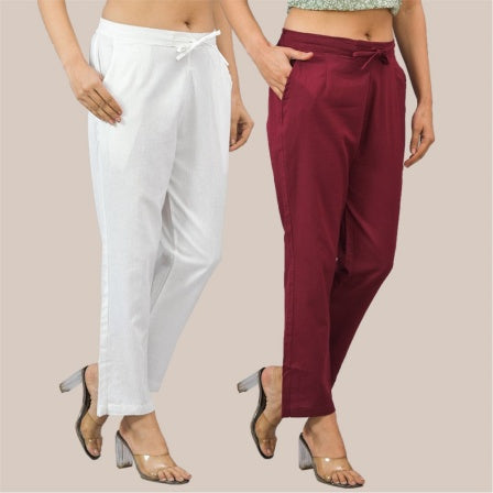 Combo of 2 White and Maroon Cotton Flax Women Trouser Pant-10387