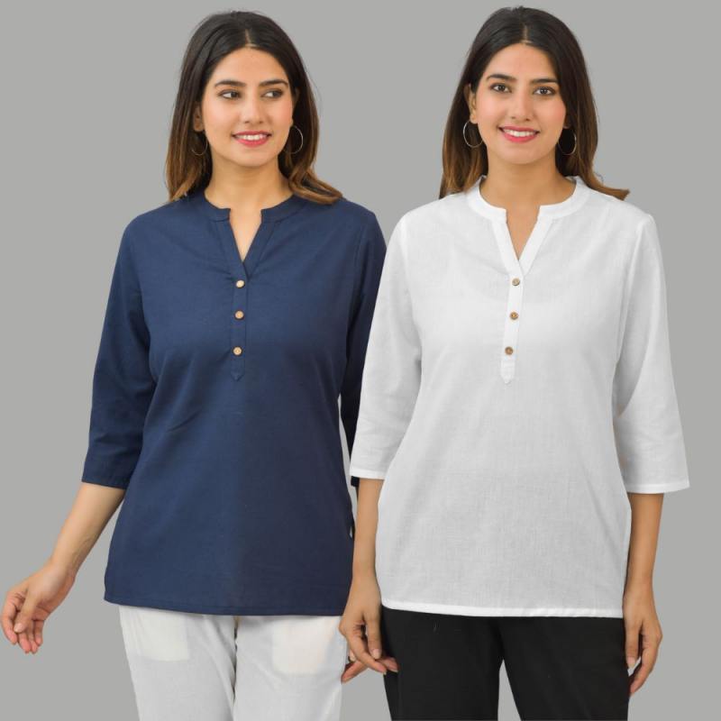 Combo of 2 White and Navy Blue Cotton Flax Women Top-10423