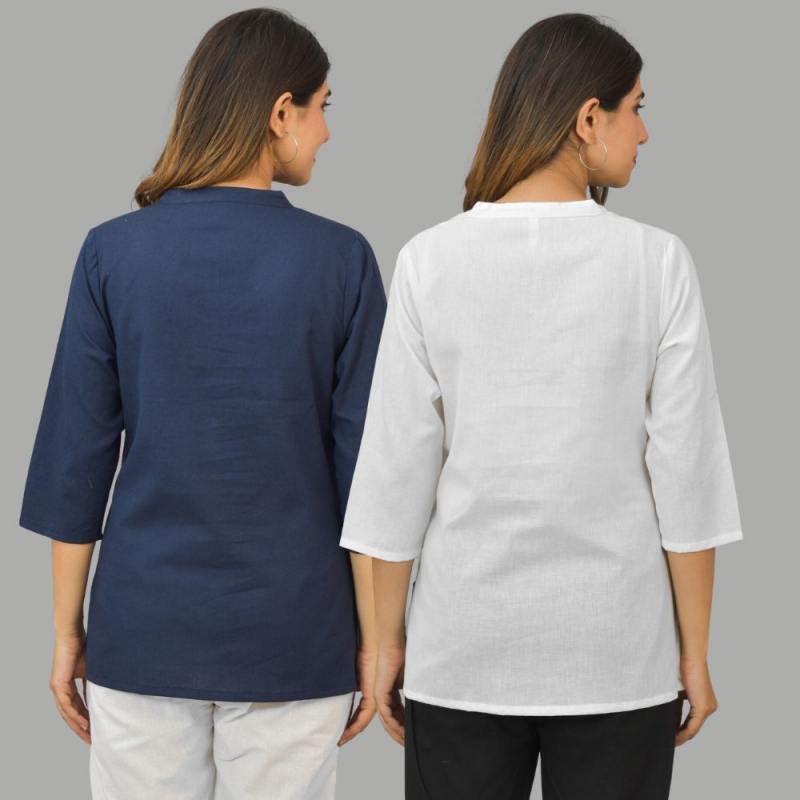 Combo of 2 White and Navy Blue Cotton Flax Women Top-10423