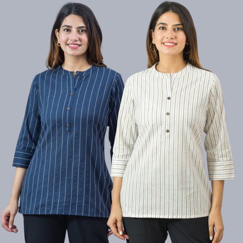 Combo of 2 White and Navy Blue Cotton Stripe Women Top-10500