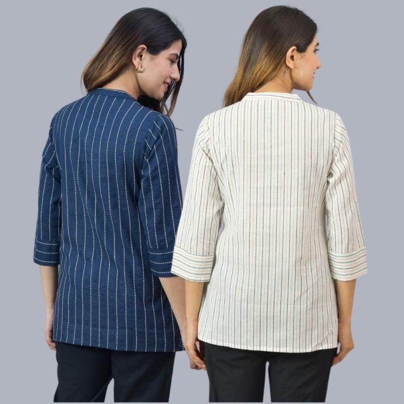 Combo of 2 White and Navy Blue Cotton Stripe Women Top-10500