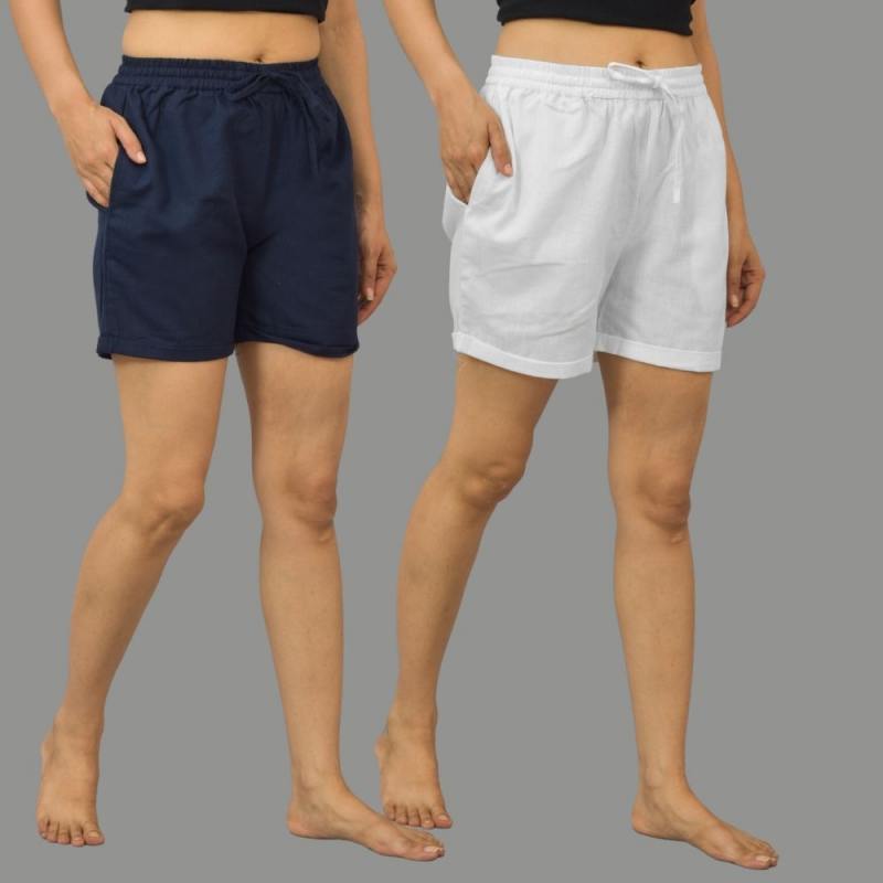 Combo of 2 White and Navy Blue Cotton Women Shorts-10570