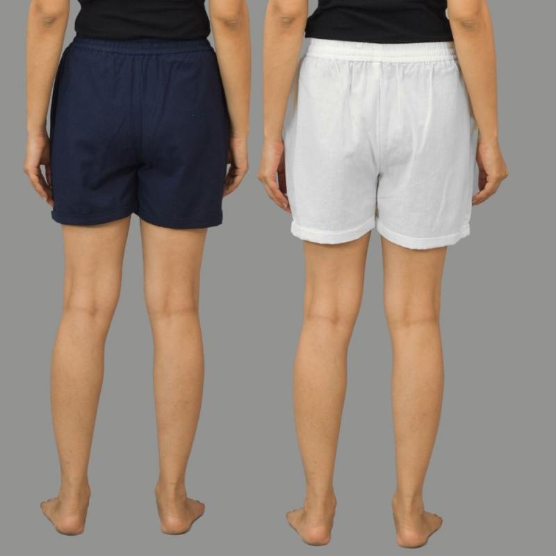 Combo of 2 White and Navy Blue Cotton Women Shorts-10570