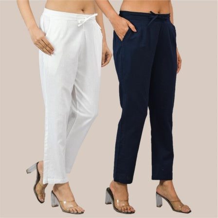 Combo of 2 White and Navy Blue Cotton Flax Women Trouser Pant-10392