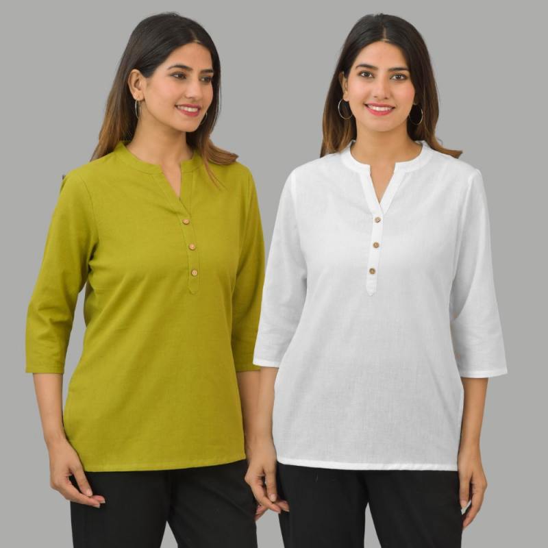 Combo of 2 White and Olive Green Cotton Flax Women Top-10441