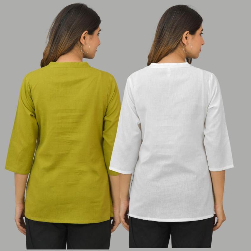 Combo of 2 White and Olive Green Cotton Flax Women Top-10441