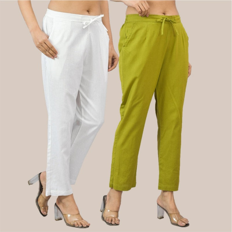 Combo of 2 White and Olive Green Cotton Flax Women Trouser Pant-10396