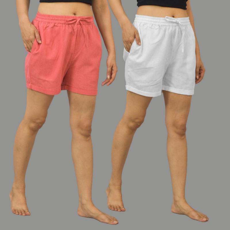 Combo of 2 White and Peach Cotton Women Shorts-10583