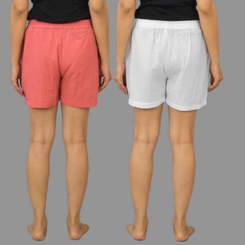 Combo of 2 White and Peach Cotton Women Shorts-10583