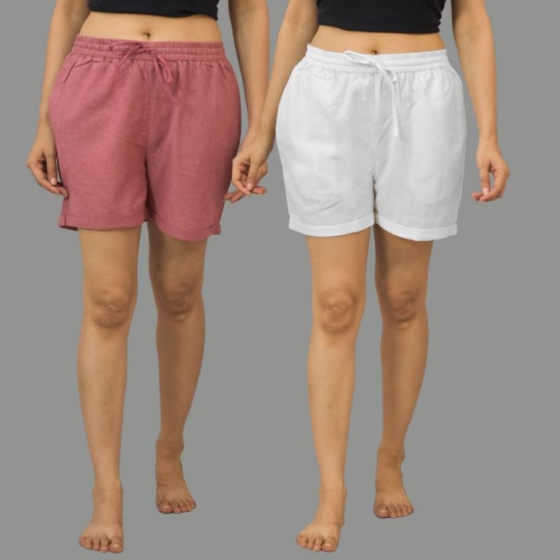 Combo of 2 White and Pink Cotton Women Shorts-10562