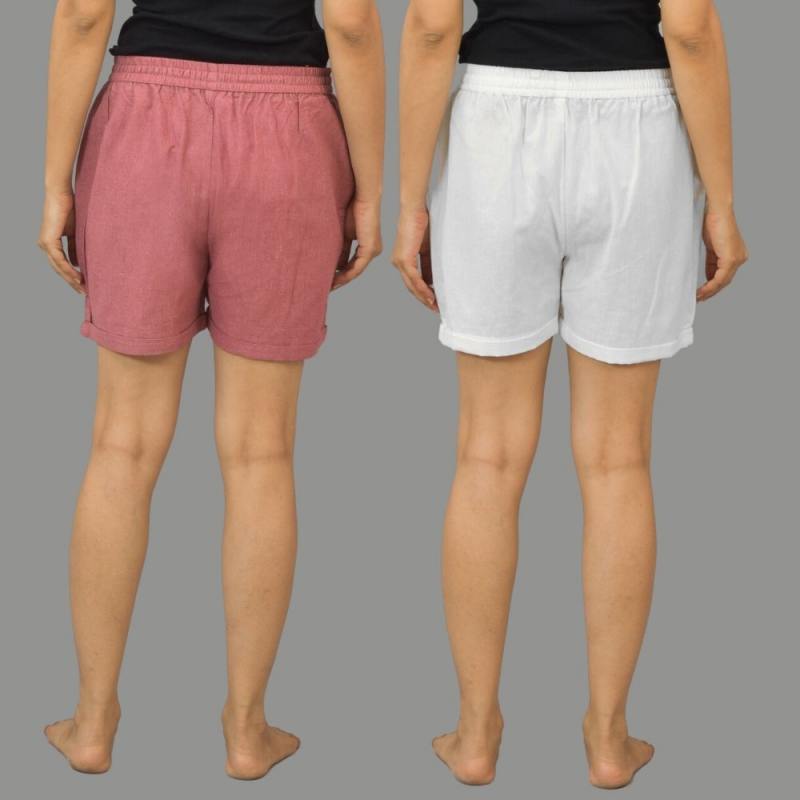 Combo of 2 White and Pink Cotton Women Shorts-10562