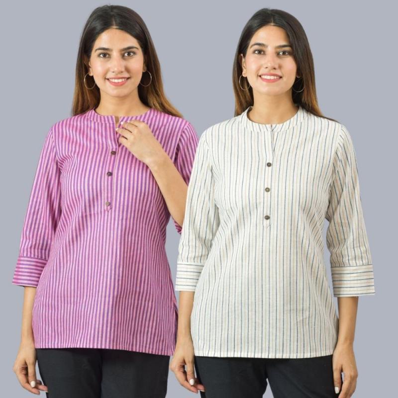 Combo of 2 White and Purple Cotton Stripe Women Top-10506