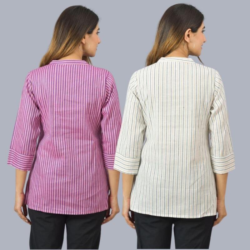 Combo of 2 White and Purple Cotton Stripe Women Top-10506