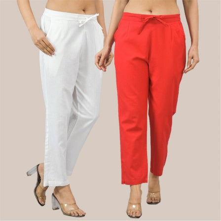 Combo of 2 White and Red Cotton Flax Women Trouser Pant-10399