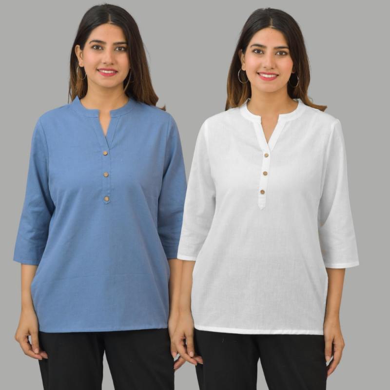 Combo of 2 White and Sky Blue Cotton Flax Women Top-10443