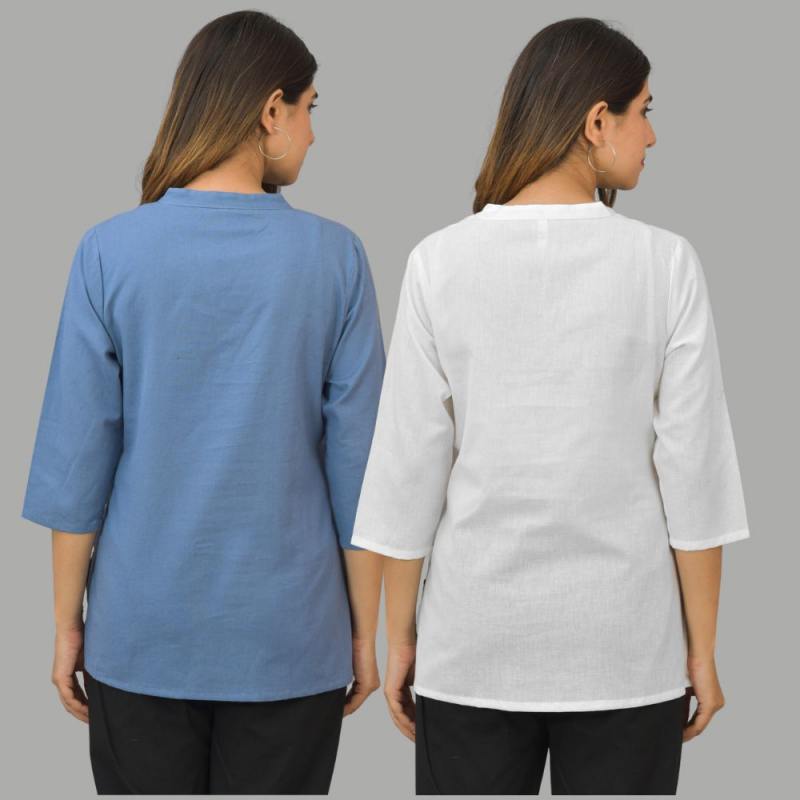 Combo of 2 White and Sky Blue Cotton Flax Women Top-10443