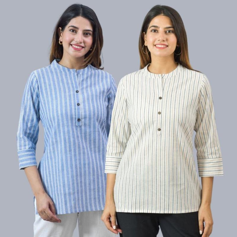 Combo of 2 White and Sky Blue Cotton Stripe Women Top-10515