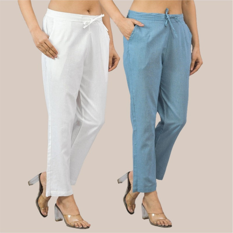 Combo of 2 White and Sky Blue Cotton Flax Women Trouser Pant-10401