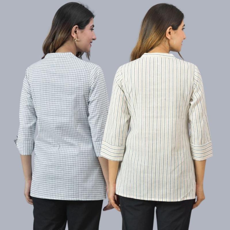 Combo of 2 White and White Cotton Stripe Women Top-10485