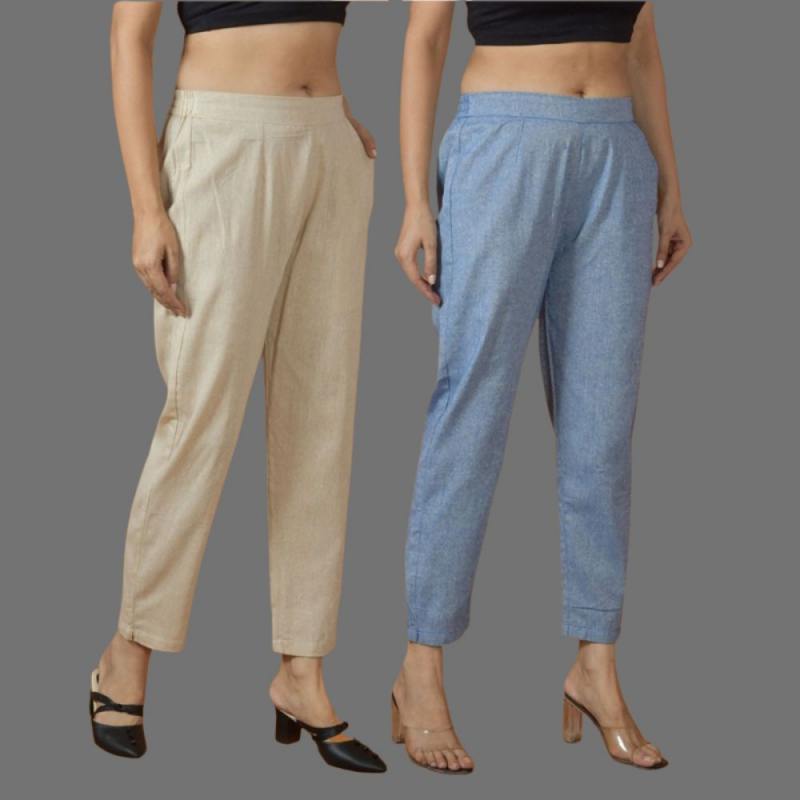 Combo of 2 Women Beige Blue Cotton Trouser Pant-10097