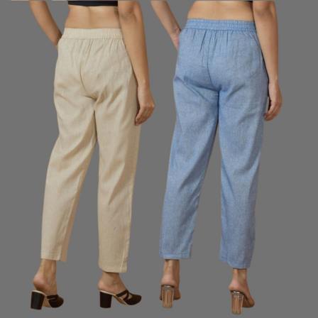 Combo of 2 Women Beige Blue Cotton Trouser Pant-10097