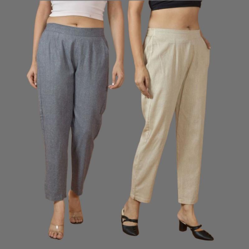 Combo of 2 Women Beige Gray Cotton Trouser Pant-10098